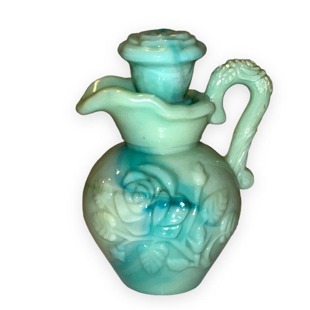 Vintage Jadeite Milk Glass Avon Green Milk Glass Rose Pitcher and Stopper 1970s